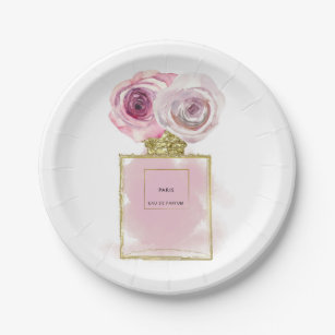 Floral Fashion Perfume Bottle Pink Roses Gold Glam Paper Plate