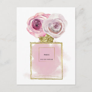 Floral Fashion Perfume Bottle Pink Roses Gold Glam Postcard