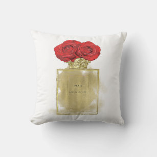 Floral Fashion Perfume Bottle Red Roses Gold Glam Cushion