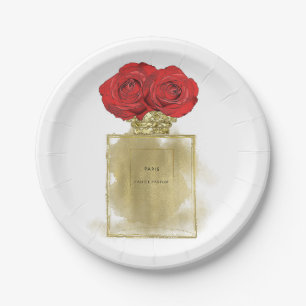 Floral Fashion Perfume Bottle Red Roses Gold Glam Paper Plate