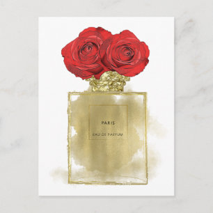 Floral Fashion Perfume Bottle Red Roses Gold Glam Postcard