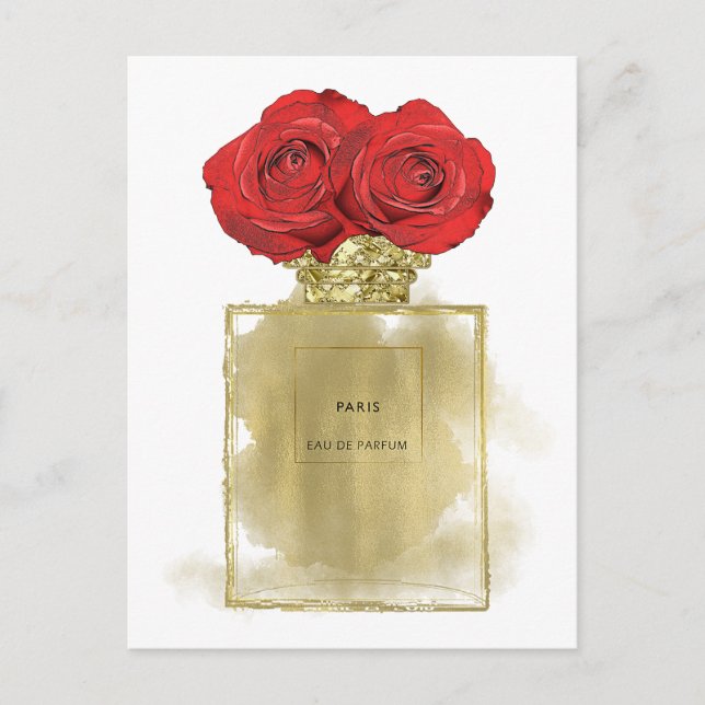 Floral Fashion Perfume Bottle Red Roses Gold Glam Postcard (Front)