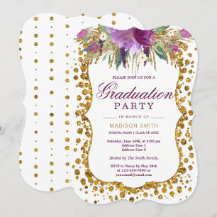Floral Faux Gold Glitter Confetti Graduation Party Invitation
