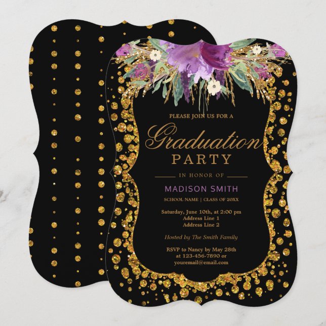 Floral Faux Gold Sparkle Confetti Graduation Party Invitation (Front/Back)