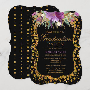 Floral Faux Gold Sparkle Confetti Graduation Party Invitation