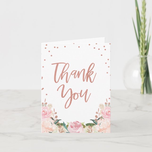 Floral Faux Rose Gold Bridal Shower Thank You Card (Front)