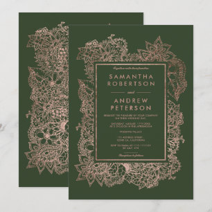 Floral faux rose gold frame hunter green wedding invitation