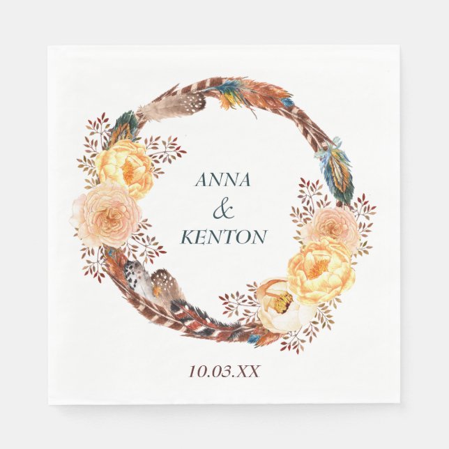 Floral Feather Wreath Wedding Napkin (Front)