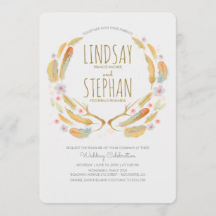 Floral Feathers Antlers Summer Woodland Wedding Invitation