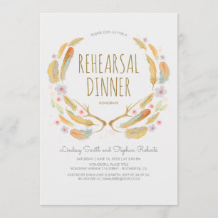Floral Feathers Antlers Woodland Rehearsal Dinner Invitation