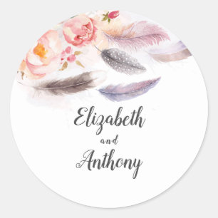 Floral Feathers Elegant Boho Classic Round Sticker