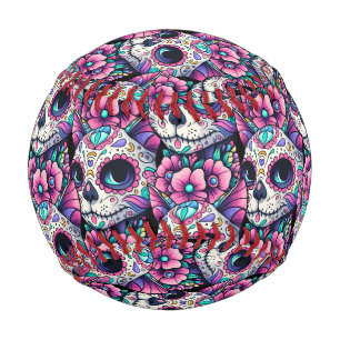 Floral Feline Dia de los Muertos Baseball