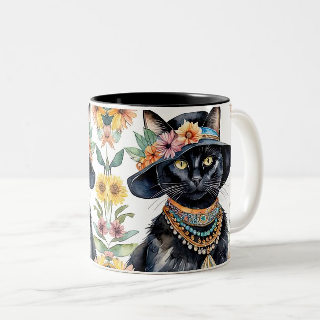  Floral Feline with Hat 11 oz  Two-Tone Coffee Mug (Front Right)