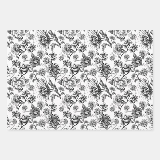 Floral Felines (b&w) Wrapping Paper Sheet (Front)