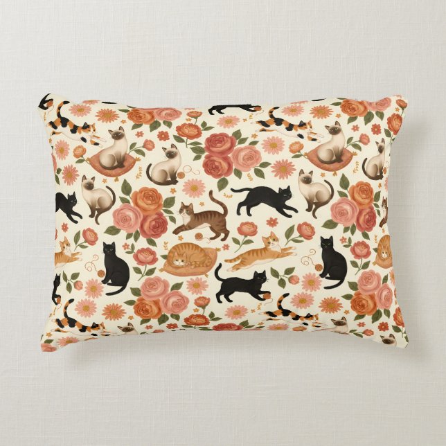 Floral Felines: Cozy Cats & Blooms Pattern Decorative Cushion (Front)