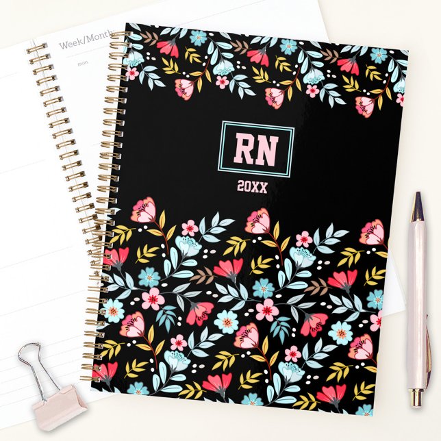 Floral Feminine Black Pink Blue Colourful Monogram Planner (Floral Feminine Black Pink Blue Colorful Monogram Planner)