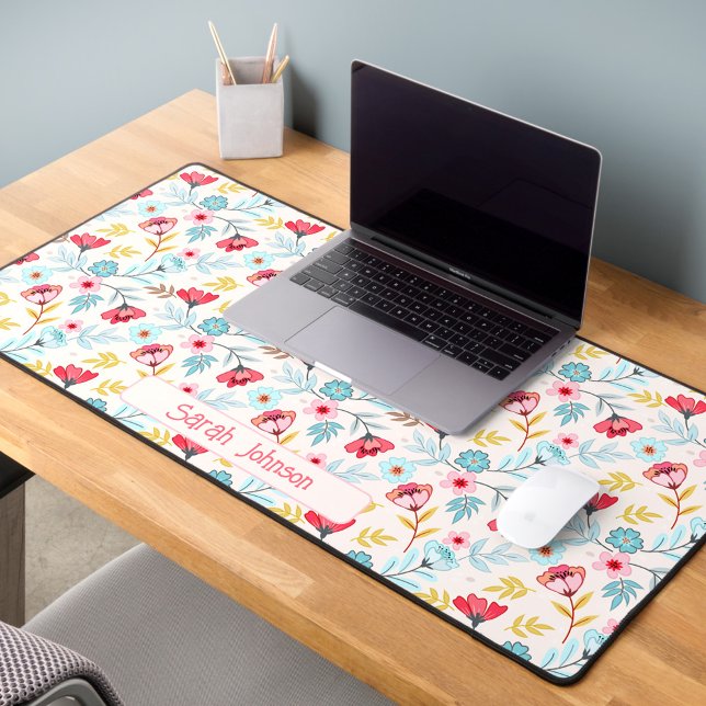 Floral Feminine Colourful Personalised Name Desk Mat (Floral Feminine Colorful Personalized Name Desk Mat)