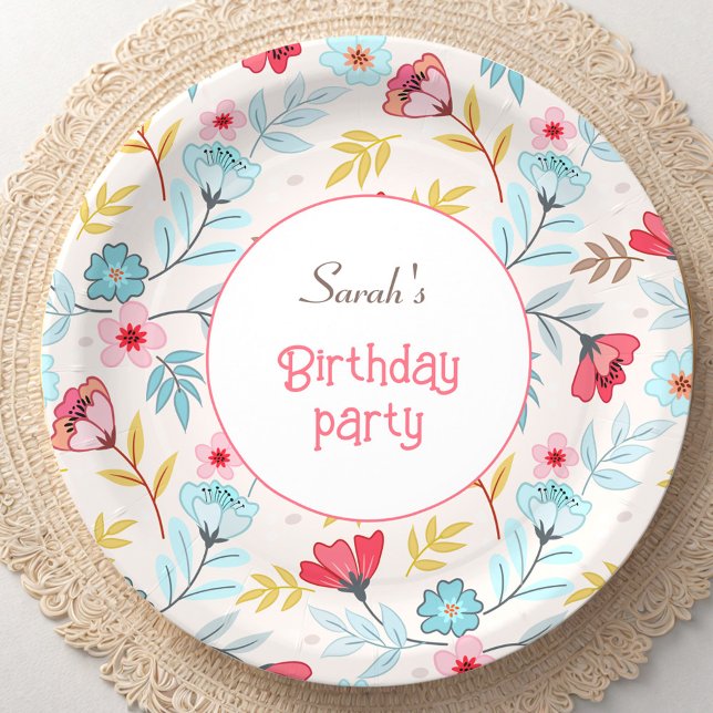 Floral Feminine Colourful Pink Blue Summer Birthda Paper Plate (Floral Feminine Colorful Pink Blue Summer Birthday Paper Plates)