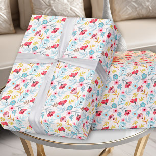 Floral Feminine Colourful Pink Blue Summer Birthda Wrapping Paper