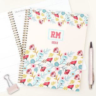 Floral Feminine Pink Blue Cream Colourful Monogram Planner