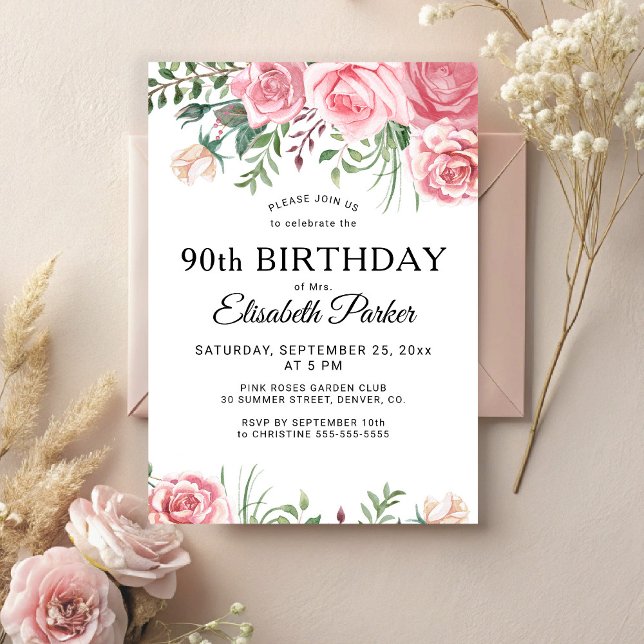 Floral feminine pink flowers 90th birthday party  invitation (Creator Uploaded)