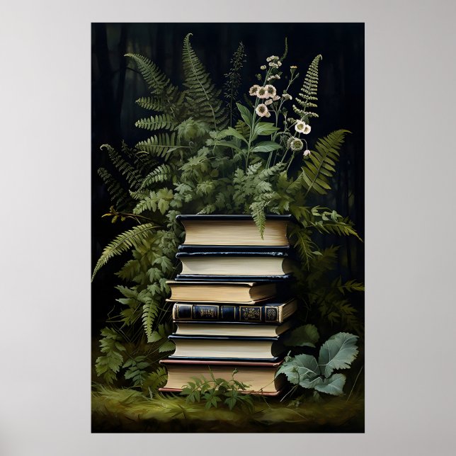 Floral Fern Book Stack Print, Dark Academia Poster (Front)
