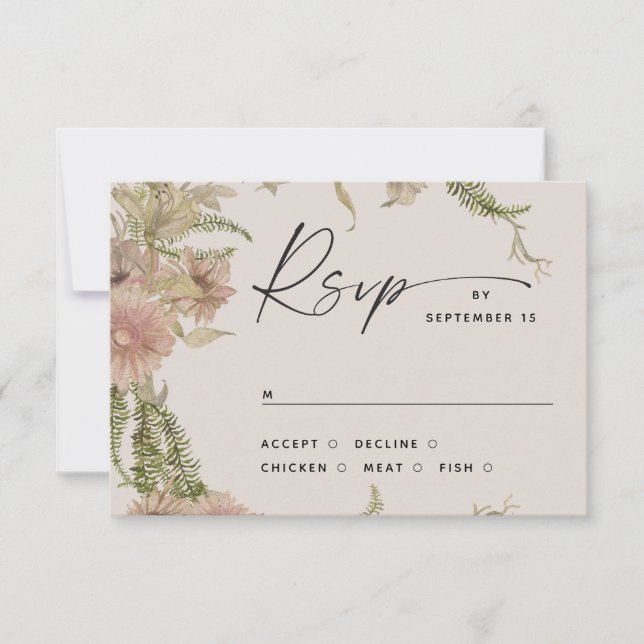 Floral & Fern Wedding Insert. Warm Ivory Botanical RSVP Card (Front)