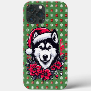 Floral Festive Husky Dog with Santa Hat Xmas Puppy iPhone 13 Pro Max Case