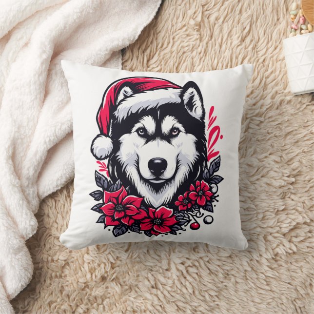 Floral Festive Husky Dog with Santa Hat Xmas Puppy Cushion (Blanket)