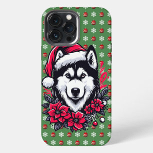 Floral Festive Husky Dog with Santa Hat Xmas Puppy iPhone 13 Pro Max Case