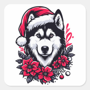 Floral Festive Husky Dog with Santa Hat Xmas Puppy Square Sticker