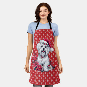 Floral Festive Maltese Dog with Santa Hat Xmas Dog Apron
