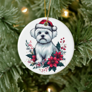 Floral Festive Maltese Dog with Santa Hat Xmas Dog Ceramic Tree Decoration
