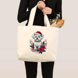 Floral Festive Maltese Dog with Santa Hat Xmas Dog Large Tote Bag
