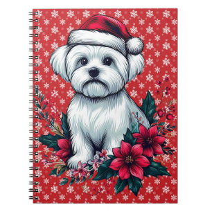 Floral Festive Maltese Dog with Santa Hat Xmas Dog Notebook