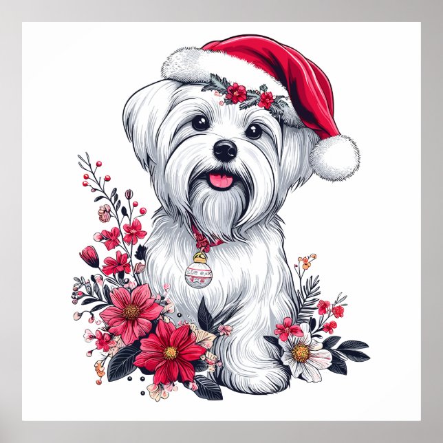Floral Festive Maltese Dog with Santa Hat Xmas Dog Poster (Front)