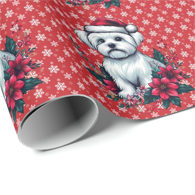 Floral Festive Maltese Dog with Santa Hat Xmas Dog Wrapping Paper (Roll Corner)