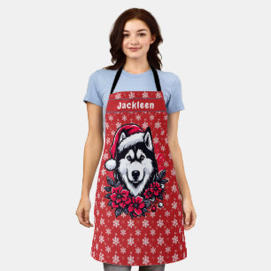 Floral Festive Santa Husky Dog Personalised Name Apron