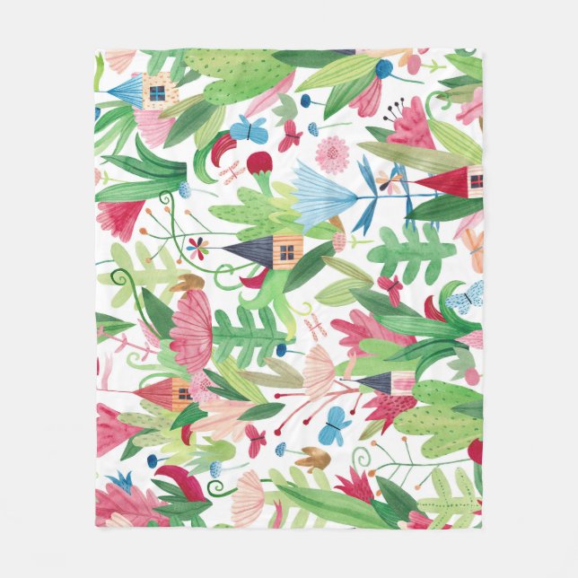 Floral Fields: Watercolor Houses Pattern Fleece Blanket (Front)