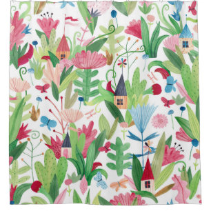 Floral Fields: Watercolor Houses Pattern Shower Curtain