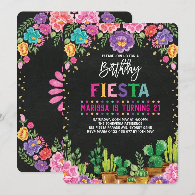 Floral Fiesta Birthday Party Mexican Flower Invite (Front/Back)