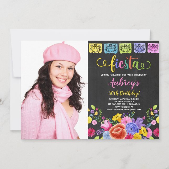 Floral fiesta birthday party photo invitation (Front)