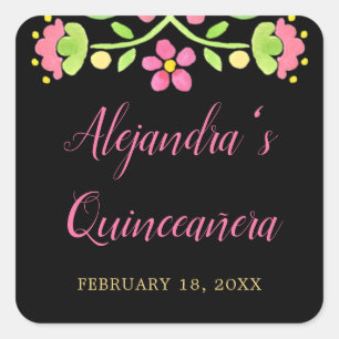 Floral Fiesta Black Gold Quinceanera Square Sticker