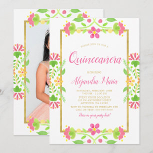 Floral Fiesta White Gold Quinceanera Photo Invitation