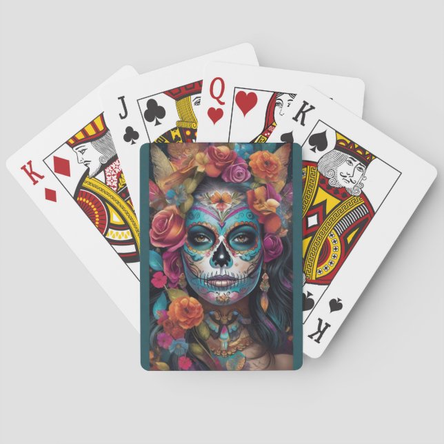 Floral Fiesta: Woman Embraces Dia de los Muertos Playing Cards (Back)