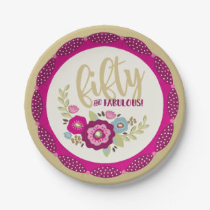 Floral Fifty and Fabulous Pink Gold Birthday Paper Plate