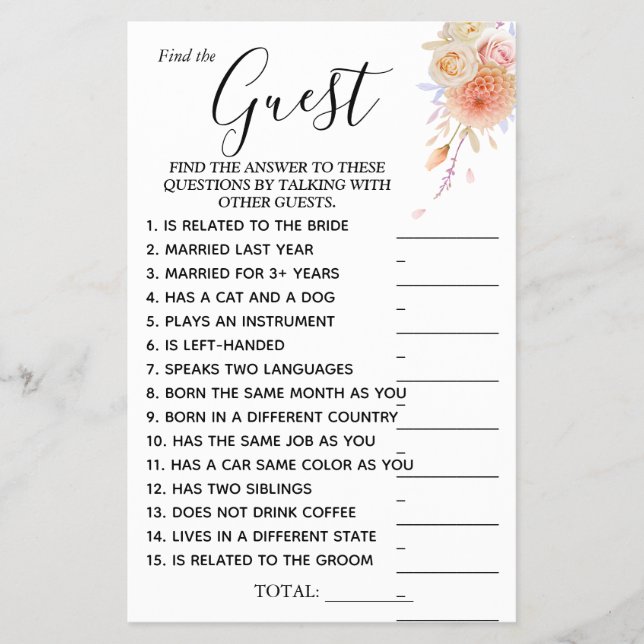 Floral Find the Guest Bridal shower game card (Front)