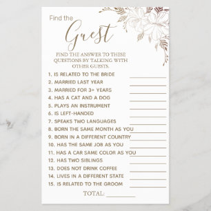 Floral Find the Guest Bridal shower game card Flye