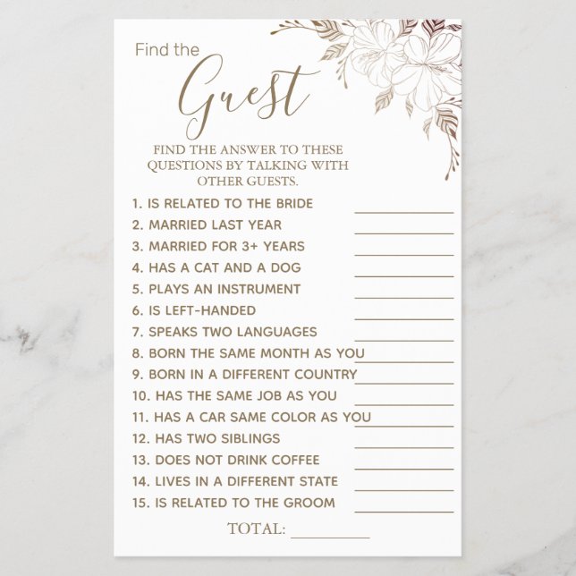 Floral Find the Guest Bridal shower game card Flye (Front)
