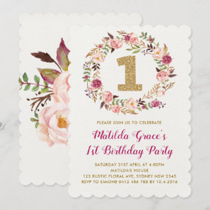 Floral First 1st Birthday Girl Party Invitation
